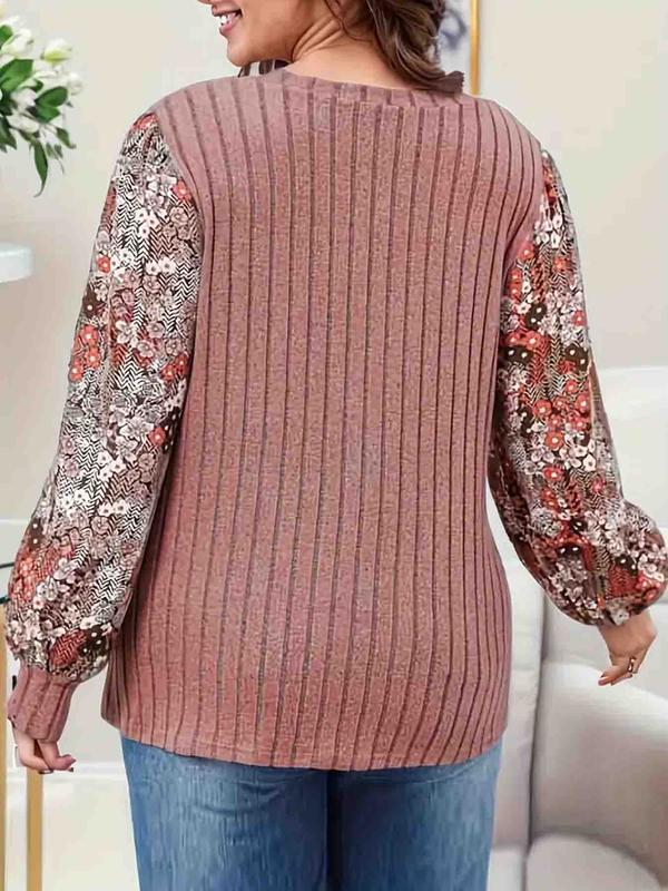 Floral Patchwork Print V Neck Top, Casual Bishop Sleeve Top for Daily Wear, Women's Clothing for All Seasons