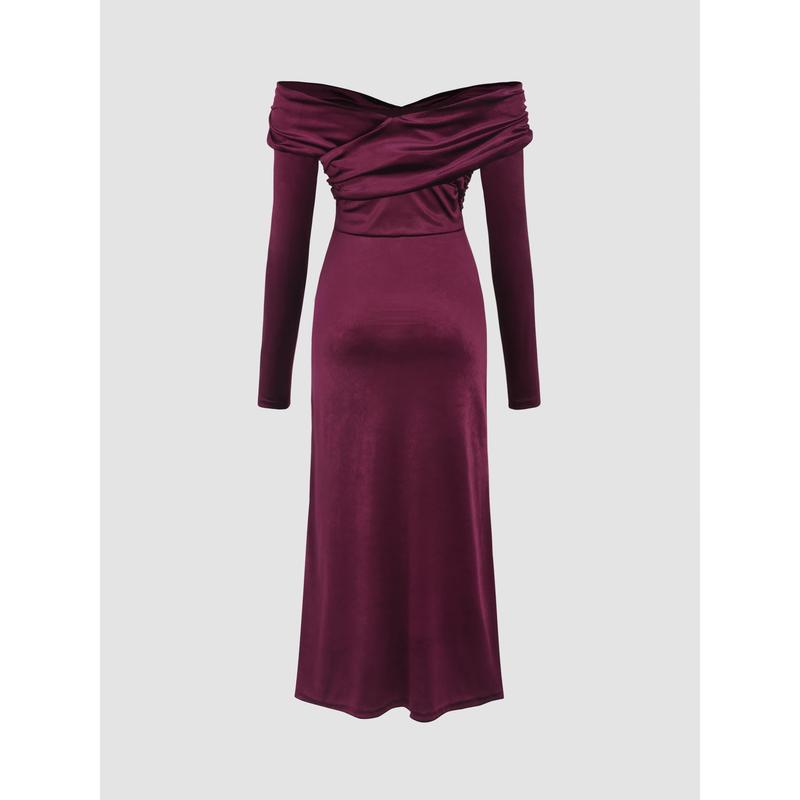 Cider [2 colors, Size 0-10] Velvet Off-shoulder Solid Split Maxi Dress