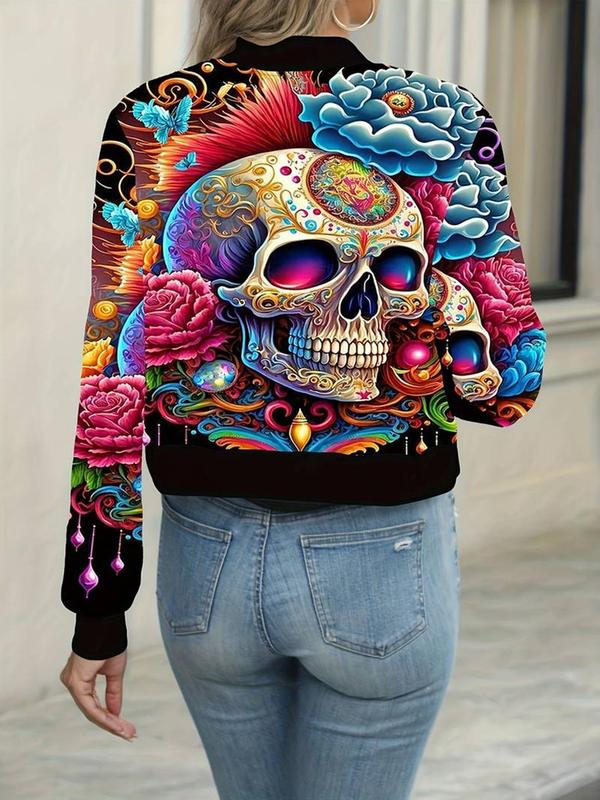 Women's  Skull Print Zip Up Jacket, Fashion Casual Long Sleeve Mock Neck Outerwear for Daily Outdoor Wear, Ladies Clothes for All Seasons