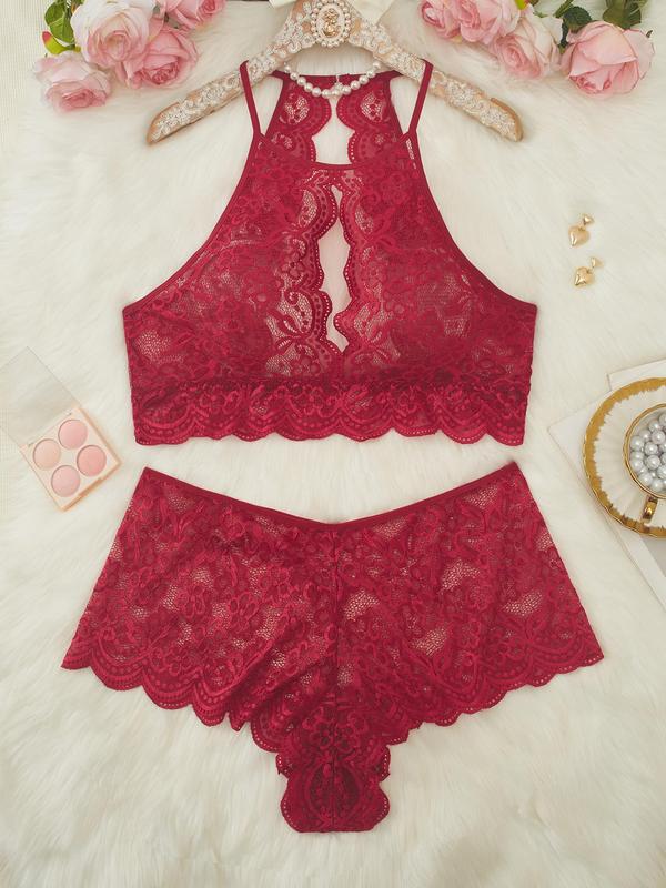  Floral Lace Sheer Sexy Costume Two-piece Set, Elegant Cut Out Wireless Bra & Scallop Trim Thong Set, Women's Lingerie & Underwear for All Seasons