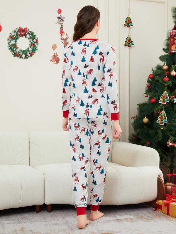 Two-Piece Set Couple's Christmas Print Long Sleeve Sleep Tee & Elastic Waist Pants Pajama Set, Casual Comfy Round Neck Pajama Top & Trousers Homewear Set, Couple's Sleepwear for Spring & Fall