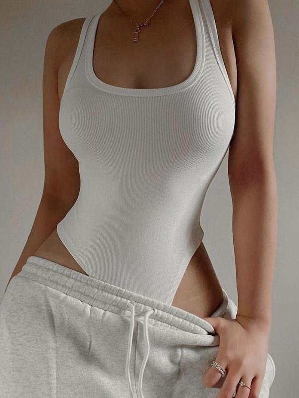 Women's Basic Solid U Neck Ribbed Bodysuit, Casual Comfort Minimalist Sleeveless Bodysuit for Summer, Lady's Clothes for Daily Wear