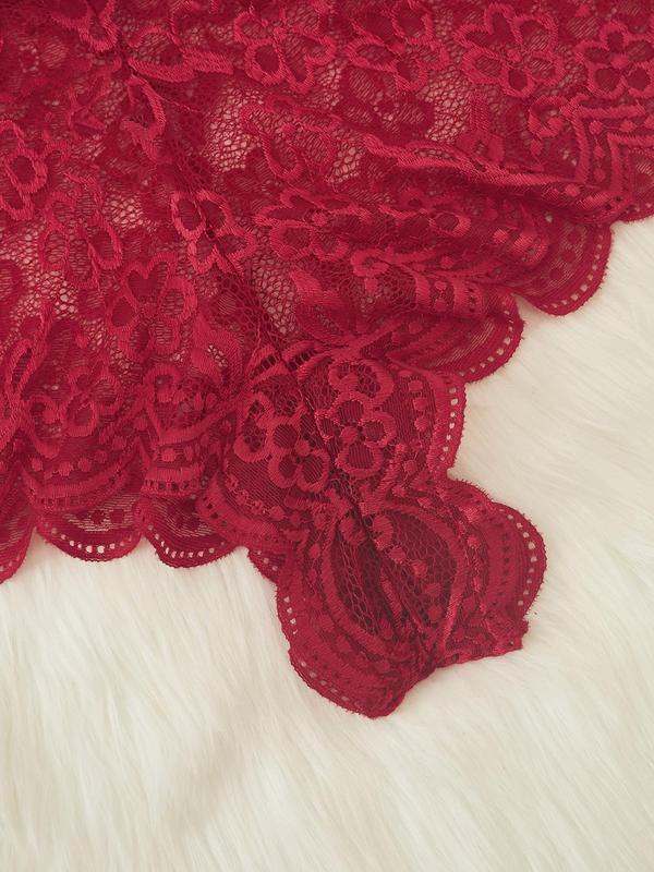  Floral Lace Sheer Sexy Costume Two-piece Set, Elegant Cut Out Wireless Bra & Scallop Trim Thong Set, Women's Lingerie & Underwear for All Seasons