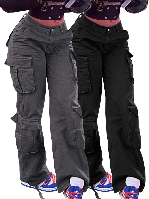 Women's Plain Flap Pocket Cargo Pants, Casual Street Wide Leg Trousers for Daily Wear, Ladies Bottoms for All Seasons