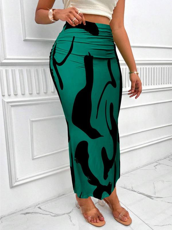 Women's All Over Print High Waist Skirt, Casual Fashion Ruched Long Skirt for Summer, Ladies Bottoms for Beach Holiday