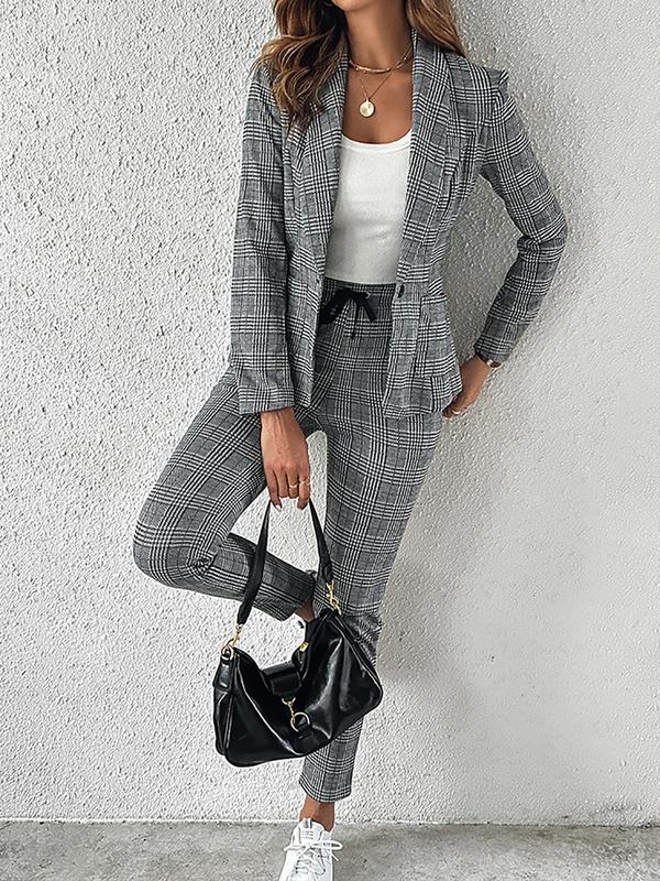 Women's Plaid Print Button Front Blazer & Pants Two-piece Set, Long Sleeve Pocket Outerwear & Drawstring Trousers, Women's Clothing for Work Office Business
