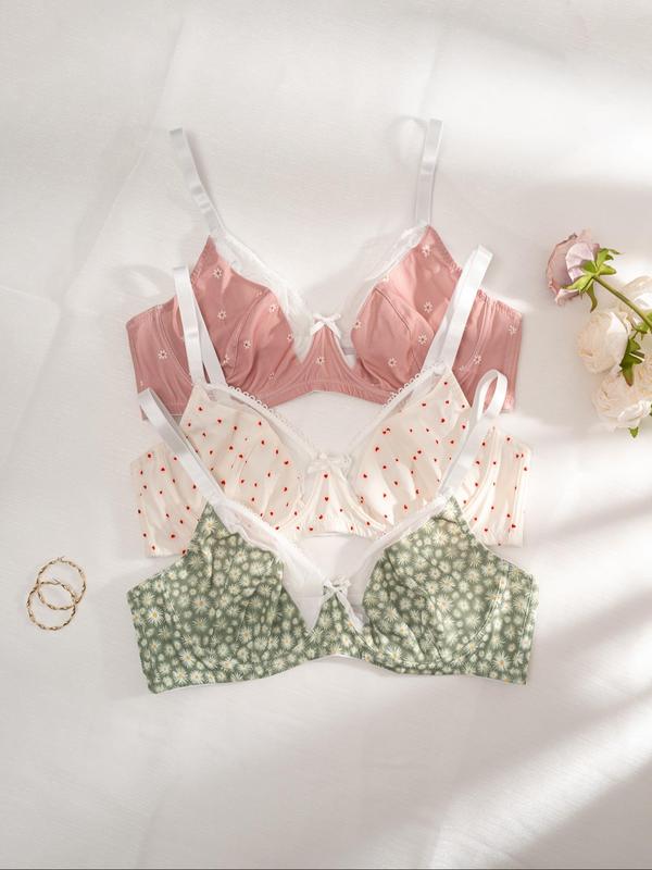 Plus Size Floral Print Contrast Mesh Bra, Adjustable Strap Bow Decor Underwire Bra for Daily Wear, Women's Plus Size Lingerie for All Seasons