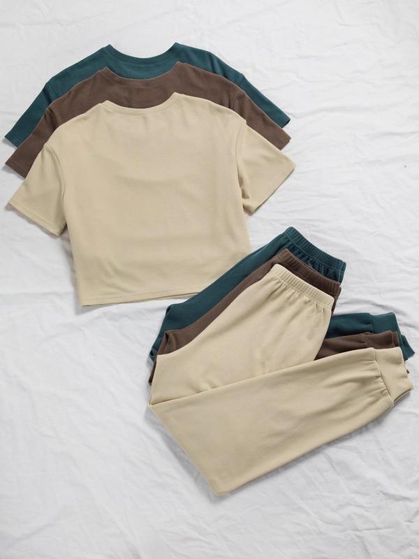 Women's Solid Pants Set, Casual Short Sleeve T-Shirt & Tie Front Pants, Fall Outfits 2024, Back To School Outfits, Co ord Set, Summer Clothes for Daily Wear, Summer Outfits 2024, Downtown Girl Clothes