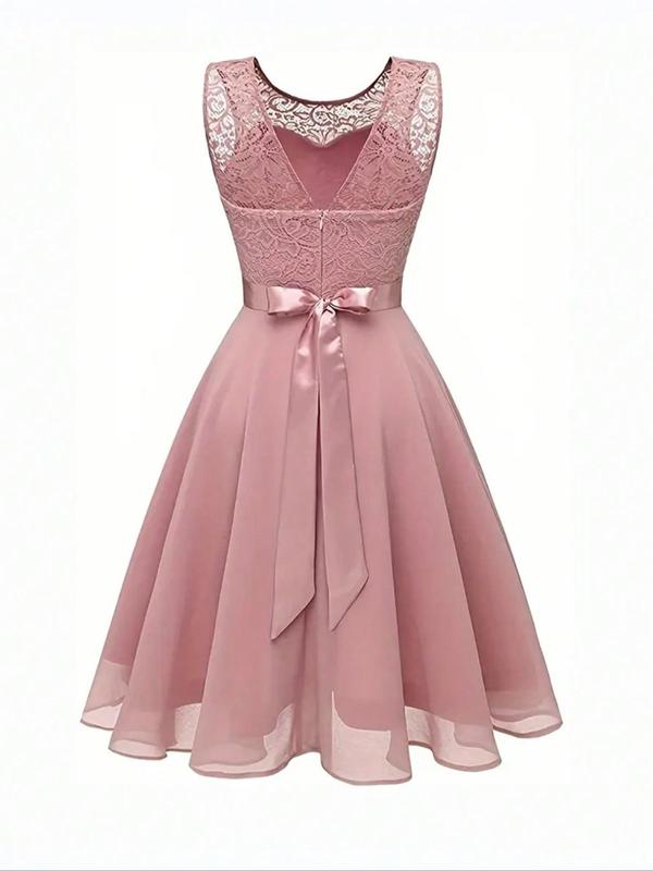 Women's Contrast Floral Lace Bow Back Tank Dress, Elegant Backless Midi Dress for Party Wedding Guest, Ladies Clothes for All Seasons