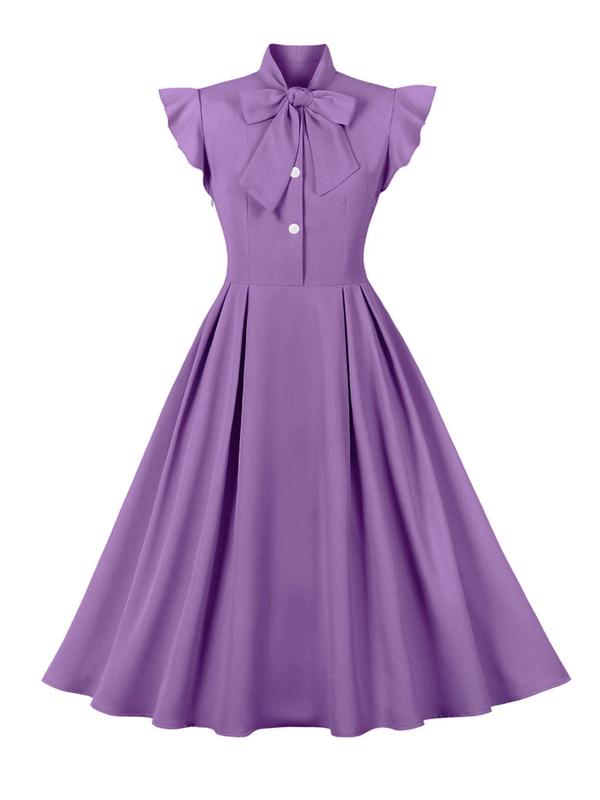 Women's Plain Pleated Butterfly Sleeve Ruffle Trim  Dress, Elegant Tie Neck Cap Sleeve Long Dress for Party Holiday Wedding Guest, Ladies Clothes for All Seasons
