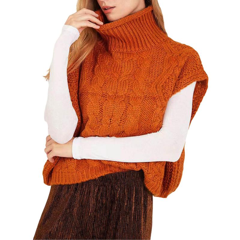 New Fashion Women's Knitted Sweaters Vest Cable Sleeveless Turtleneck Loose Casual Pullover Crop Tops