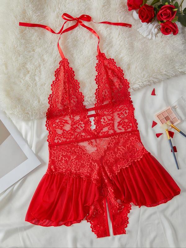 Women's Plain Backless Tie Back Lace Cami Nightdress, Elegant Romantic Lace Nighty Dress for All Seasons, Sexy Lingerie Dress, Sleepwear for Women