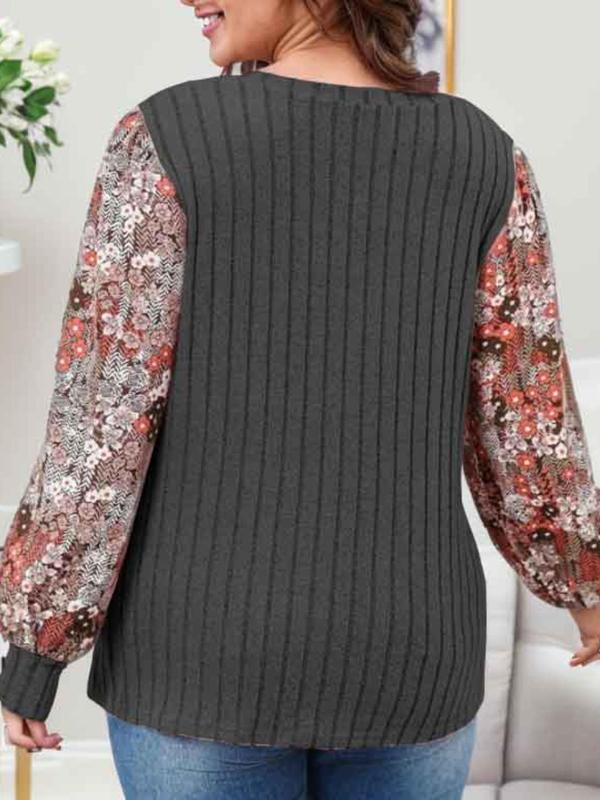  Floral Patchwork Print V Neck Top, Casual Bishop Sleeve Top for Daily Wear, Women's Clothing for All Seasons