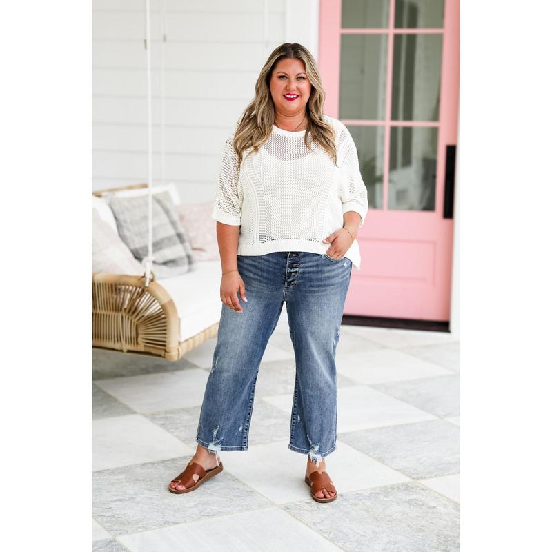 Judy Blue High Rise Medium Wash Button Fly Distressed Wide Leg Cropped Jeans