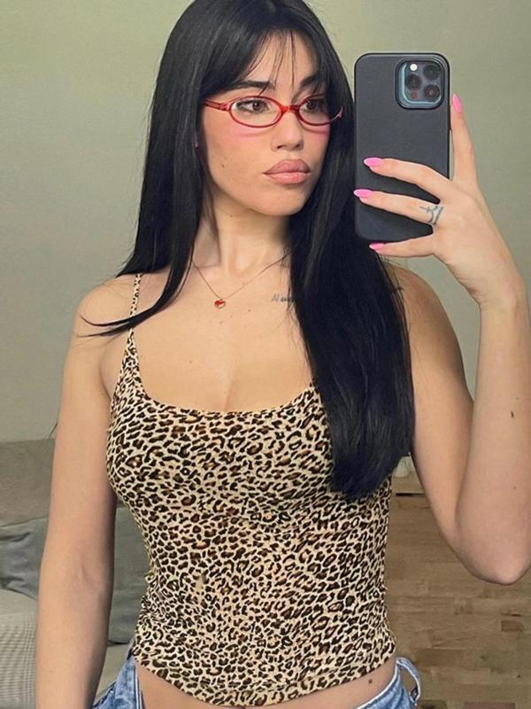 Women's Leopard Print Backless Crop Cami Top, Adjustable Strap Spaghetti Strap Top for Summer, Fashion Women's Top for Daily Wear, Going Out Tops, Tops for Women, Summer Tops