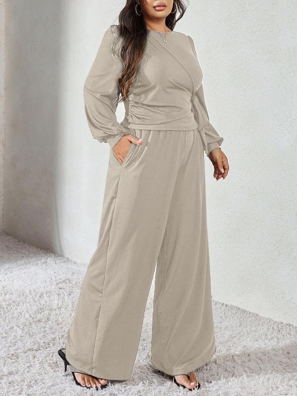 Black Friday Deals CURVZY Plus Size Two-piece Set Solid Ruched Tie Front Blouse & Wide Leg Pants Set, Elegant Bishop Sleeve Top & High Waist Trousers for Daily Wear, Women's Two-piece Outfits,Christmas 2024 Trend,Thanksgiving Outfits,Winter Outfits