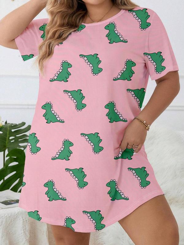 Plus Size Cartoon Dinosaur Print Round Neck Nightdress, Plus Casual Soft Comfortable Short Sleeve Nightgown for Women, Women's Plus Sleepwear for All Seasons