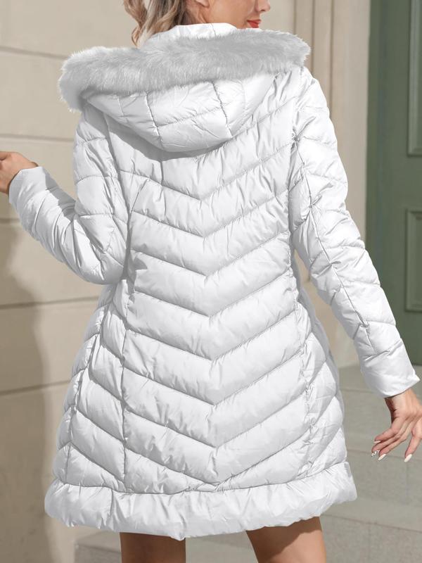 Women's Solid Color Contrast Faux Fur Hooded Quilted Jacket, Casual Long Sleeve Zip Up Quilted Outerwear for Fall & Winter, Women's Clothing for Daily Wear
