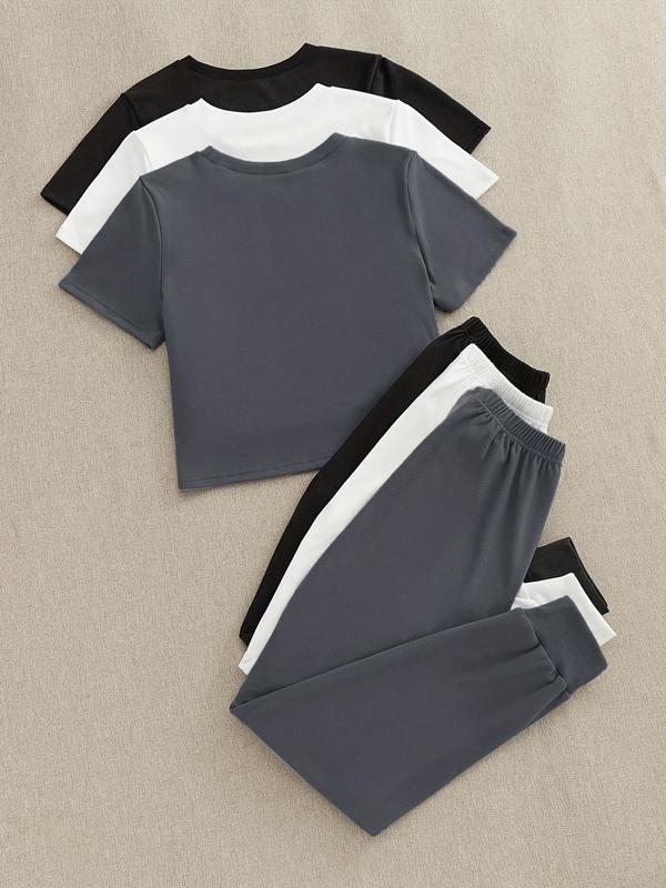 Women's Solid Pants Set, Casual Short Sleeve T-Shirt & Tie Front Pants, Fall Outfits 2024, Back To School Outfits, Co ord Set, Summer Clothes for Daily Wear, Summer Outfits 2024, Downtown Girl Clothes