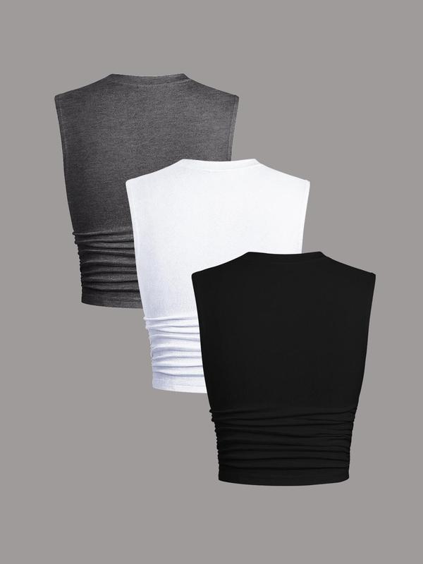 Women's Solid Ruched Crop Tank Top, Casual Sleeveless Round Neck Cropped Top for Summer, Ladies Clothes for Daily Wear