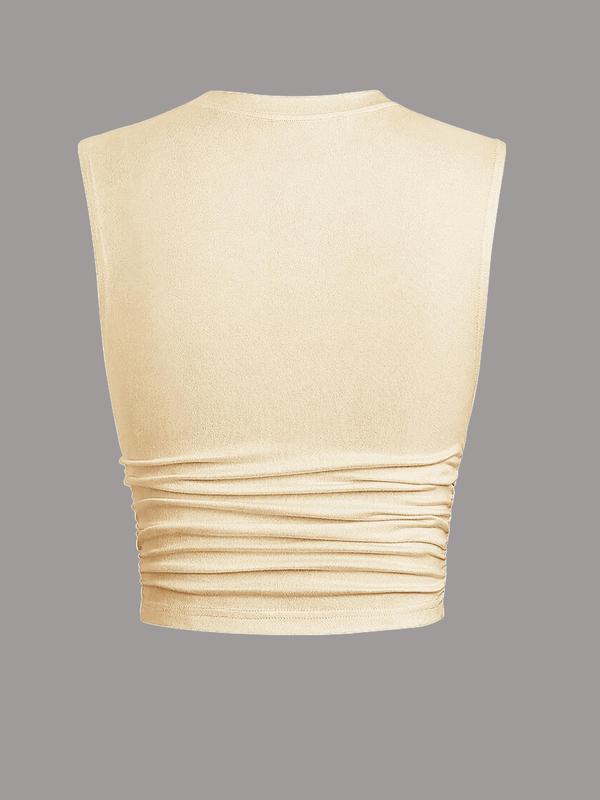 Women's Solid Ruched Crop Tank Top, Casual Sleeveless Round Neck Cropped Top for Summer, Ladies Clothes for Daily Wear