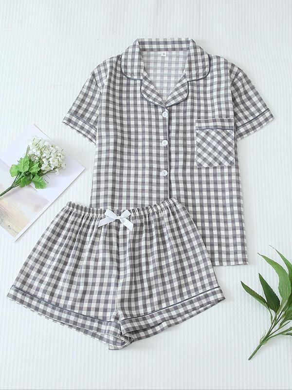 Two-Piece Set Women's Plaid Print Pajama Set, Long Sleeve Lapel Neck Button Front Shirt & Bow Decor Pants PJ Set, Women's Sleepwear for All Seasons