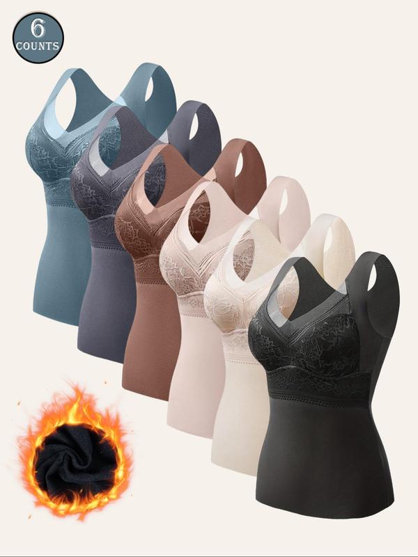 Women's Solid Contrast Lace Thermal Underwear Top, Casual Comfy Warm V Neck Sleeveless Top for Fall & Winter, Women's Thermal Underwear for Daily Wear