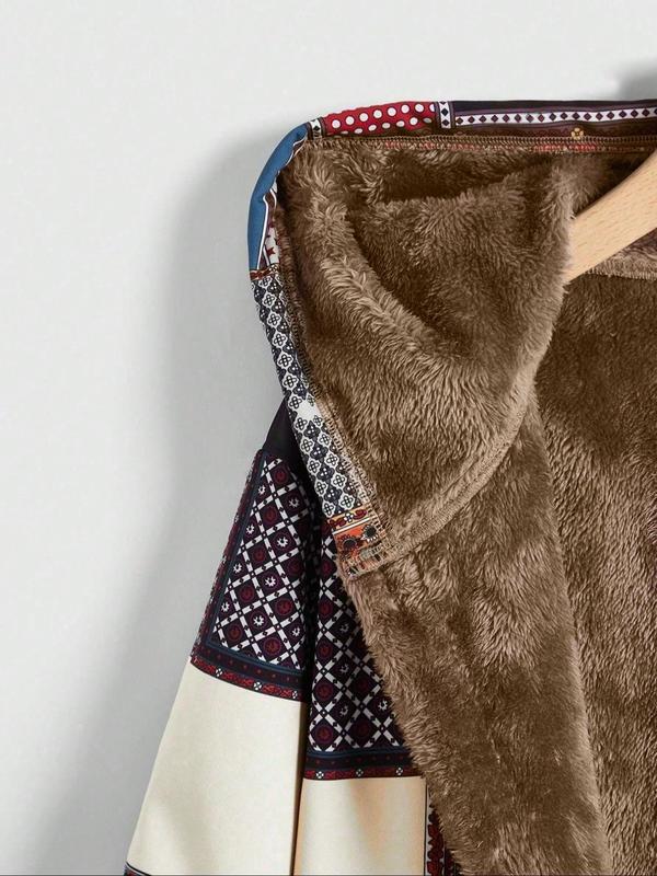  Patchwork Print Pocket Long Sleeve Thermal Lined Hooded Coat, Boho Fashion Open Front Hooded Outerwear for Fall & Winter, Women's Clothes for Daily Wear