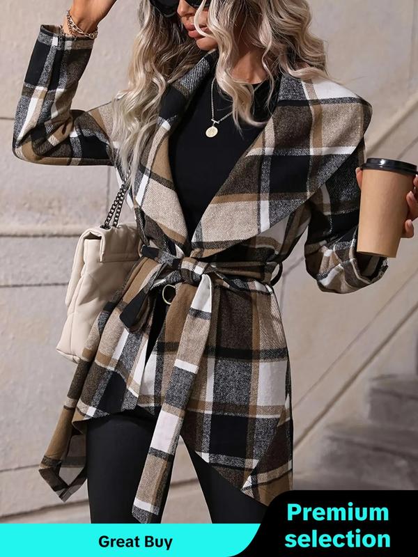 Women's Plaid Print Belted Asymmetrical Hem Coat Jackets, Elegant Long Sleeve Waterfall Collar Outerwear for Fall & Winter, Winter Clothes Women, Women's Clothing for Daily Wear, Fall Outfits, Fallfreshness Clothes, Womenswear