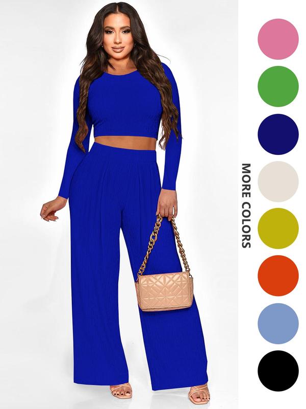 Two-piece Set Women's Solid Textured Crop Top & Wide Leg Pants, Casual Fashion Cozy Round Neck Long Sleeve Top & High Waist Trousers for Daily Outdoor Wear, Women's 2 Piece Sets, Fall Clothing Women 2024