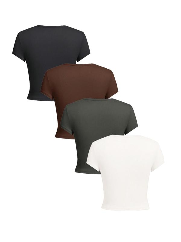 Women's Solid Round Neck Crop Tee, Casual Short Sleeve Crew Neck T-shirt for Daily Wear, Summer Outfits 2024, Back To School Clothes, Ladies Clothes, Going out Tops 2000s