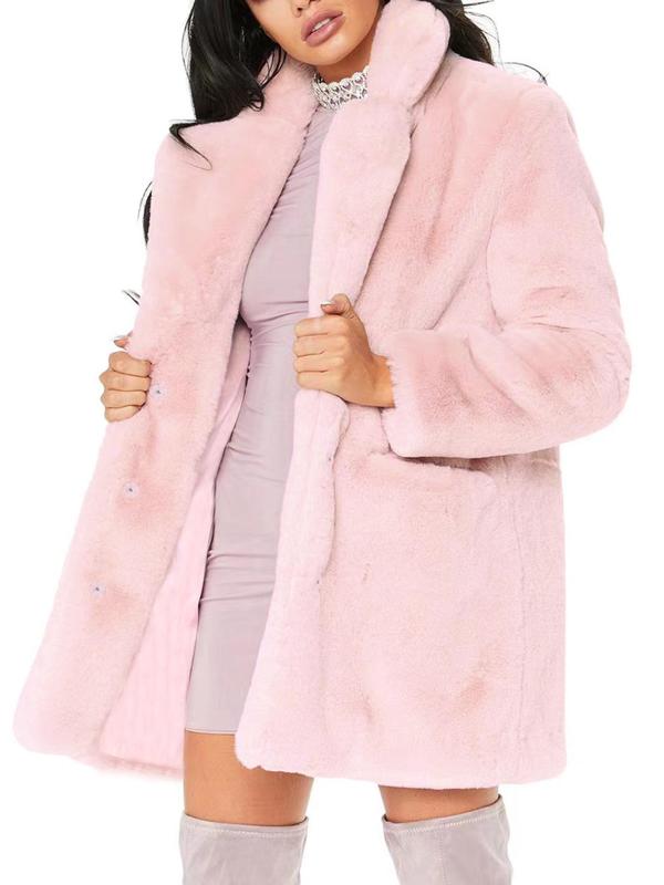 Women's Solid Button Front Pocket Faux Fur Over Coat, Casual Long Sleeve Outerwear for Fall & Winter, Women's Clothing for Daily Wear