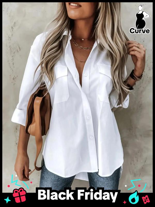  Minimalist Plain Pocket Button Front High Low Hem Long Sleeve Collared Shirt, Casual Basic Comfort Drop Shoulder Roll Up Sleeve Blouse Top for Lady  Summer, Women's Clothes for Daily Womenswear
