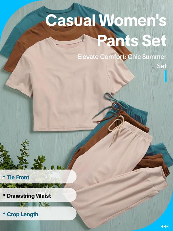 Women's Solid Pants Set, Casual Short Sleeve T-Shirt & Tie Front Pants, Fall Outfits 2024, Back To School Outfits, Co ord Set, Summer Clothes for Daily Wear, Summer Outfits 2024, Downtown Girl Clothes