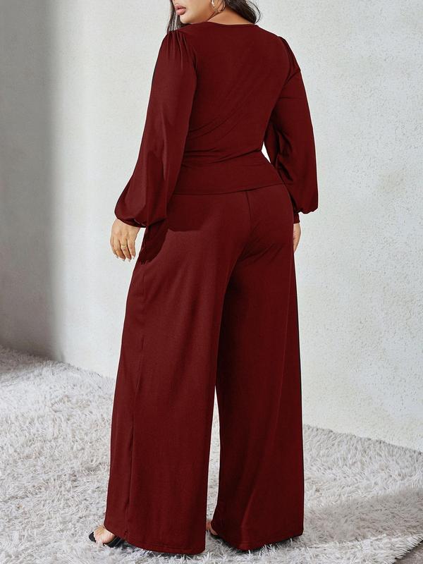 Black Friday Deals CURVZY Plus Size Two-piece Set Solid Ruched Tie Front Blouse & Wide Leg Pants Set, Elegant Bishop Sleeve Top & High Waist Trousers for Daily Wear, Women's Two-piece Outfits,Christmas 2024 Trend,Thanksgiving Outfits,Winter Outfits