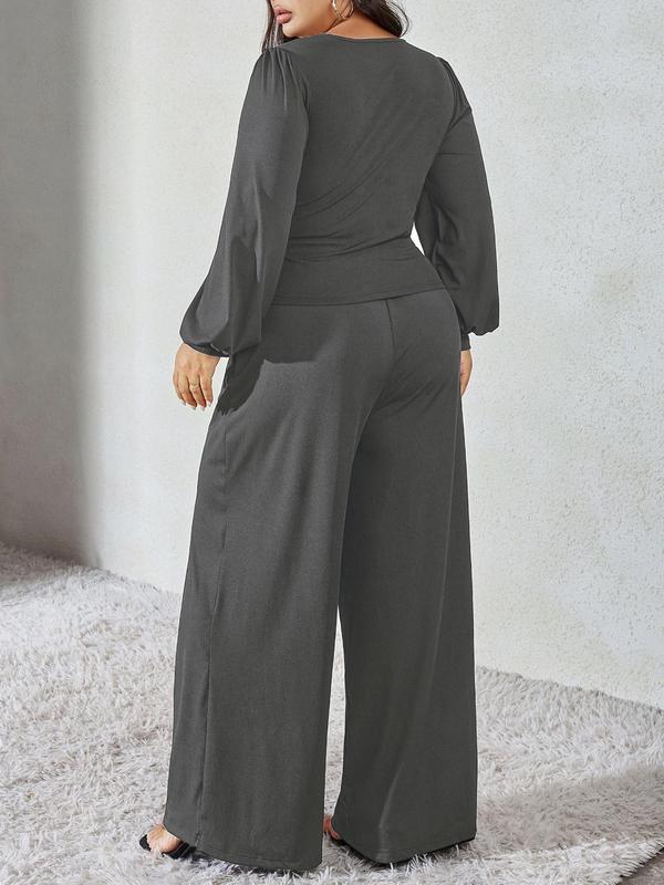 Black Friday Deals CURVZY Plus Size Two-piece Set Solid Ruched Tie Front Blouse & Wide Leg Pants Set, Elegant Bishop Sleeve Top & High Waist Trousers for Daily Wear, Women's Two-piece Outfits,Christmas 2024 Trend,Thanksgiving Outfits,Winter Outfits