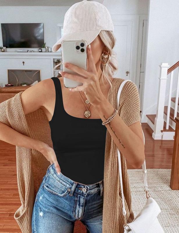 Women's Square Neck Sleeveless Bodysuit Double Lined Tops Thong Bodysuit