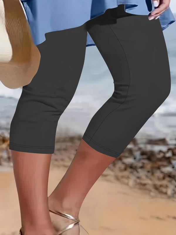 Plus Size Solid High Waist Capris Leggings, Casual Comfy Skinny Pants for Daily Outdoor Wear, Women Plus Clothing for Summer