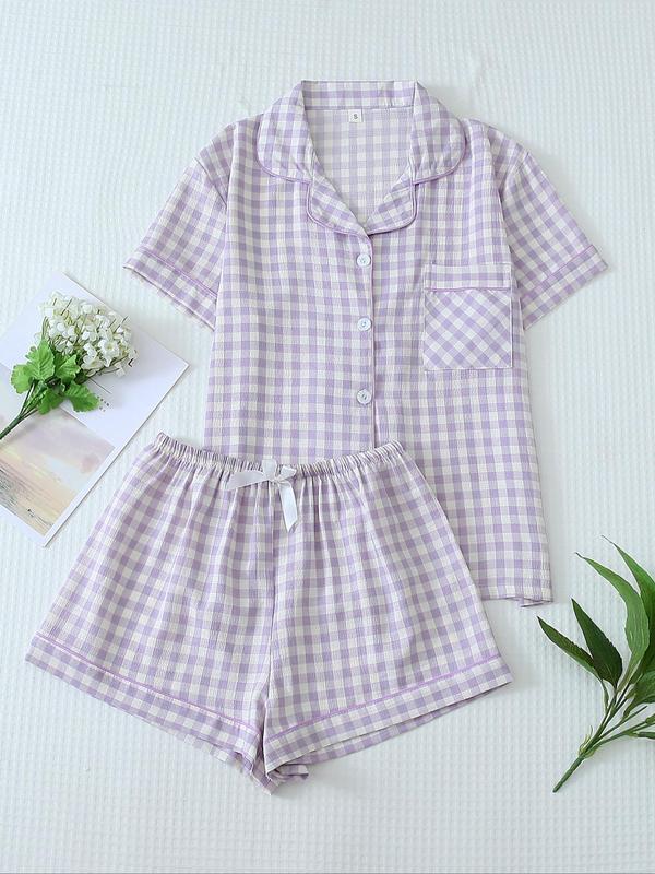Two-Piece Set Women's Plaid Print Pajama Set, Long Sleeve Lapel Neck Button Front Shirt & Bow Decor Pants PJ Set, Women's Sleepwear for All Seasons