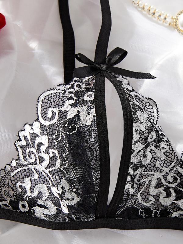Women's Floral Lace Bow Front Sexy Lingerie Set, Fashion Cut Out Bra & Sheer Thong Set, Soft Comfy Breathable Sexy Two-piece Lingerie Set for Women