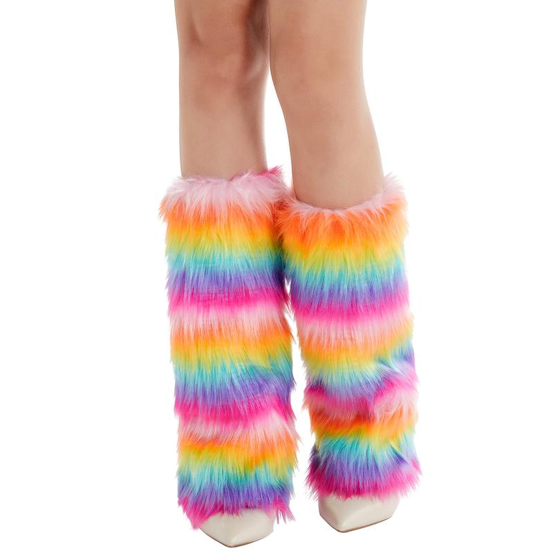 Women's Faux Fur Leg Warmers Rainbow Fuzzy Boot Covers Cuff Colorful Leg Warmers 2024 Fashion Halloween Costume Accessory