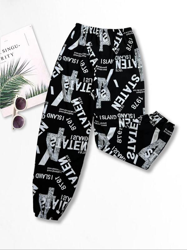 Women's Letter Print Jogger Pants, Casual Comfy Elastic Waist Trousers for Daily Wear, Ladies Bottoms for All Seasons