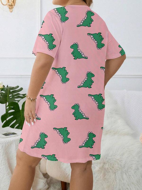 Plus Size Cartoon Dinosaur Print Round Neck Nightdress, Plus Casual Soft Comfortable Short Sleeve Nightgown for Women, Women's Plus Sleepwear for All Seasons
