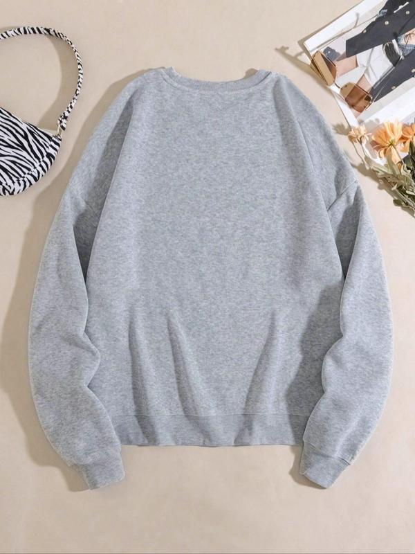 Women's Letter & Elf Print Crew Neck Sweatshirt, Casual Long Sleeve Pullover for Fall & Winter, Women's Clothes for Daily Wear