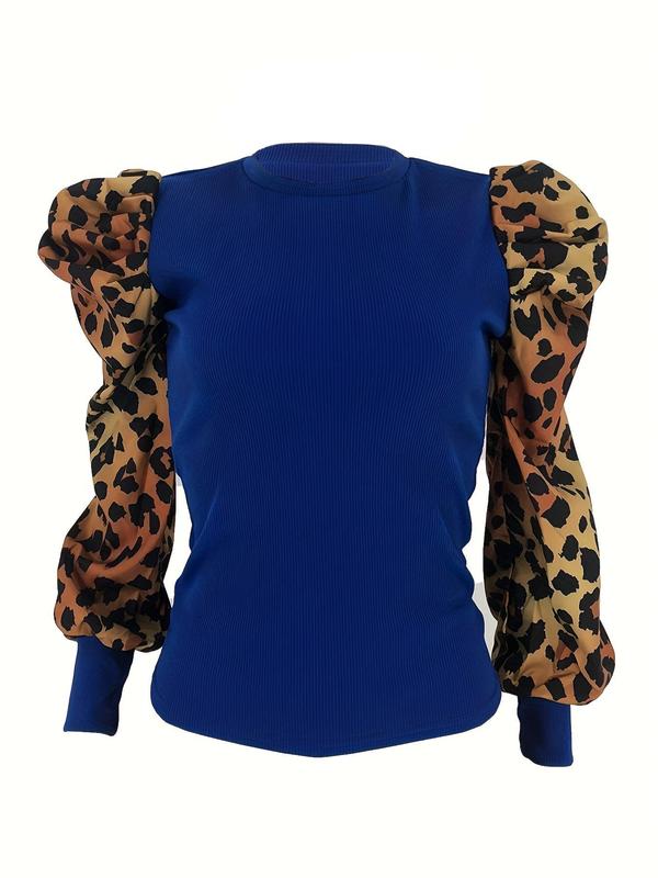Women's Leopard Print Leg-of-mutton Sleeve T-shirt, Fashionable Round Neck Long Sleeve Top For Spring & Fall, Women's Clothes For Daily Wear