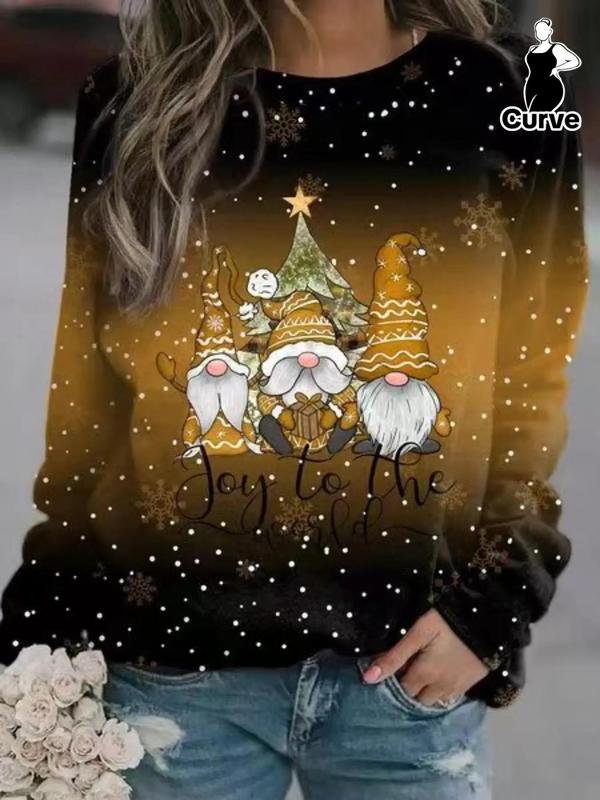  Cartoon Gnome Print Drop Shoulder T-shirt, Casual Long Sleeve Round Neck Top for Daily Wear, Women's Clothing for Fall & Winter