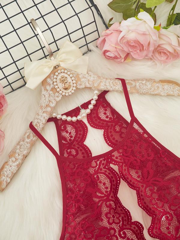  Floral Lace Sheer Sexy Costume Two-piece Set, Elegant Cut Out Wireless Bra & Scallop Trim Thong Set, Women's Lingerie & Underwear for All Seasons