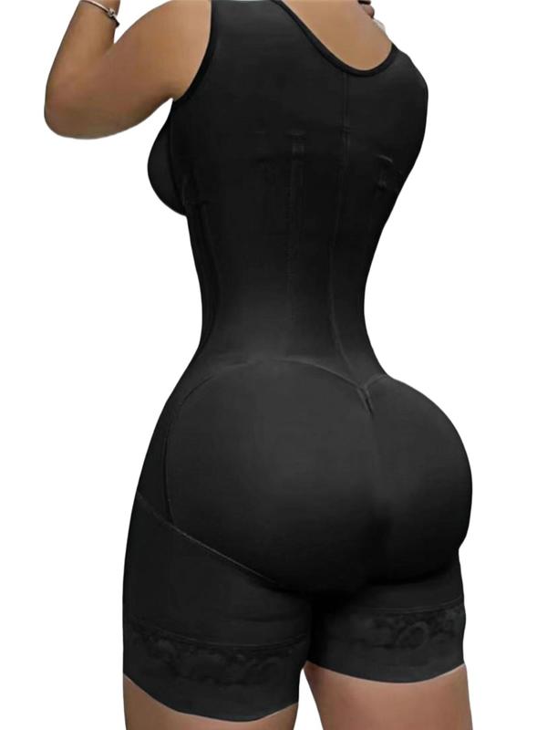 Women's Solid Contrast Lace Zipper Shapewear Romper, Adjustable Hooks Tummy Control Shaper, Women's Shapewear for Daily Wear