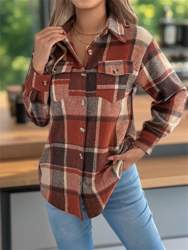 Women's Plaid Print Button Front Pocket Jacket, Casual Long Sleeve Collared Outerwear for Fall & Winter, Ladies Clothes for Daily Wear