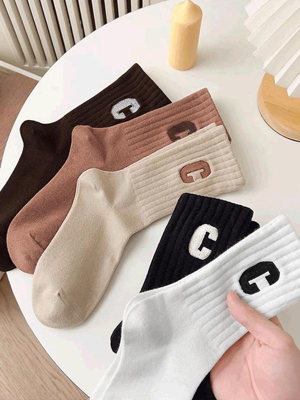 Women's 5 Pairs Letter Patched Crew Socks, Casual Soft Comfy Breathable Socks for Daily Outdoor Wear, Women Socks for All Seasons